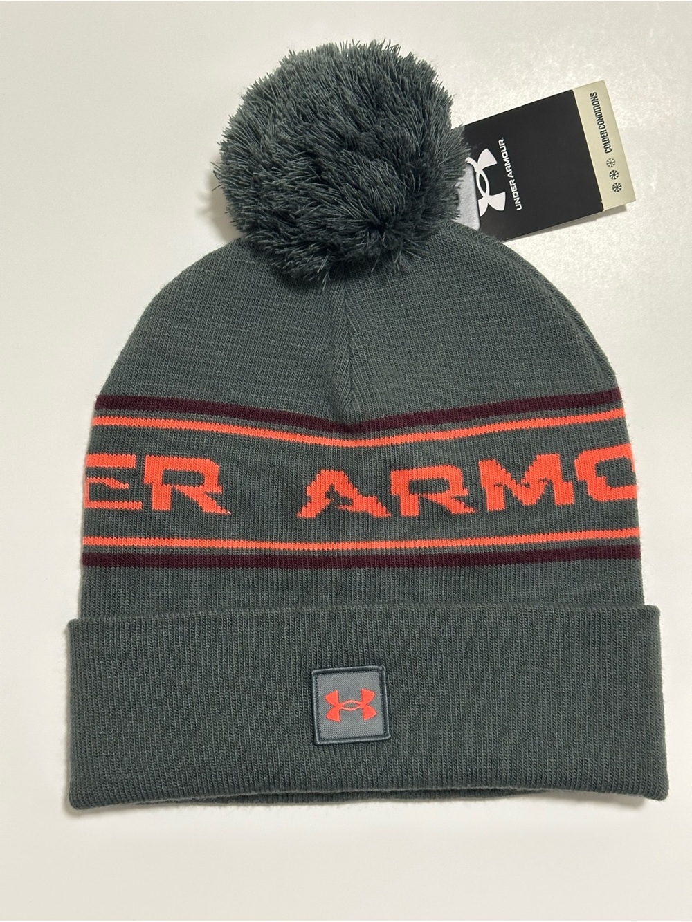 Under Armour Pom Beanie — Men’s OSFM — ColdGear — Grey/Orange